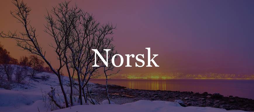 A twilit snowy landscape, overlaid with Norwegian