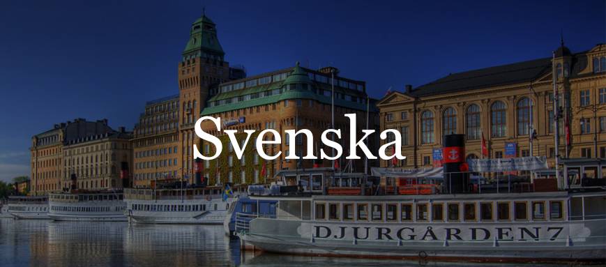 A waterfront Swedish cityscape, overlaid with Swedish text