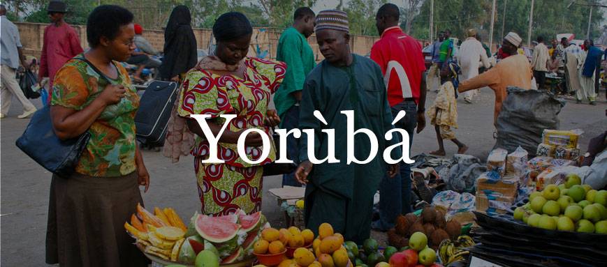 Several people at a fruit market in colorful garb, overlaid with Yoruba text