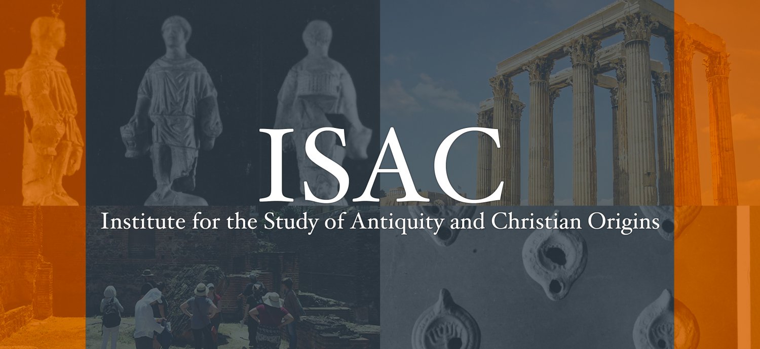 Banner for the Institute for the Study of Antiquity and Christian Origins, photos of artifacts and an archaeological site