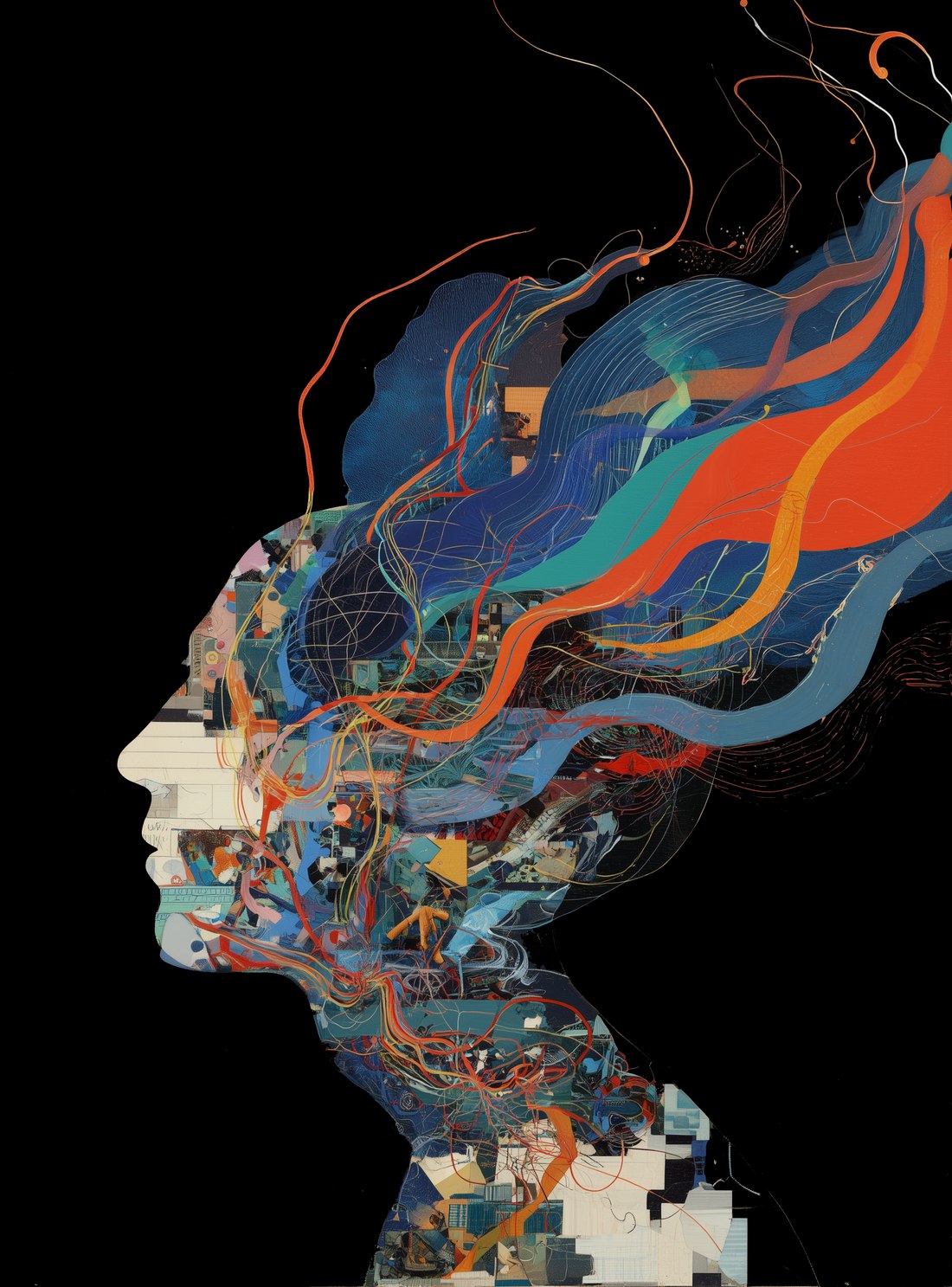 Abstract collage illustration of a head in profile, filled with colorful flowing lines representing neural pathways